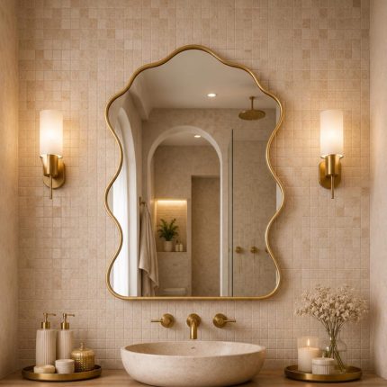 Cloud Brass Mirror handcrafted with an organic wavy brass frame for bathroom wall décor