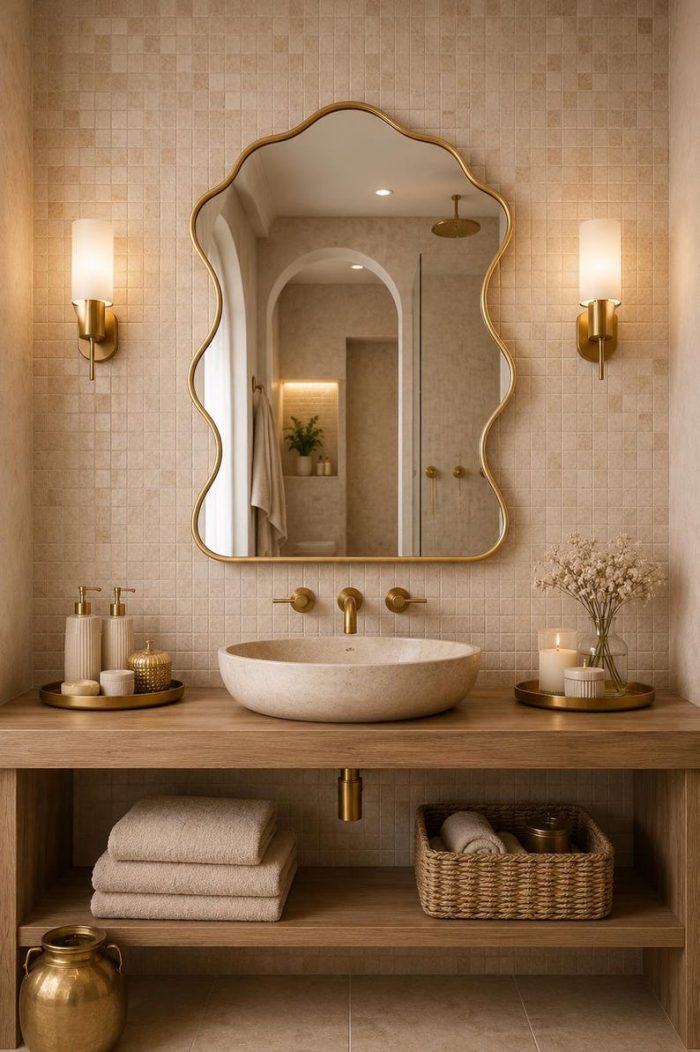 Cloud Brass Mirror handcrafted with an organic wavy brass frame for bathroom wall décor