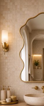 Cloud Brass Mirror handcrafted with an organic wavy brass frame for bathroom wall décor