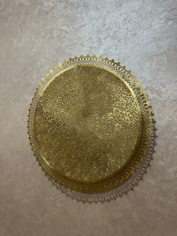 Round Filigree Brass Wall Light with intricate hand-perforated brass design