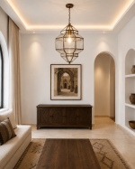 Moroccan Glass Lantern Pendant Light with clear glass panels and handmade geometric metal frame