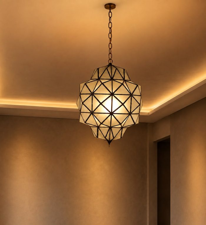 Geometric Glass Pendant Light with faceted glass panels and handcrafted metal frame