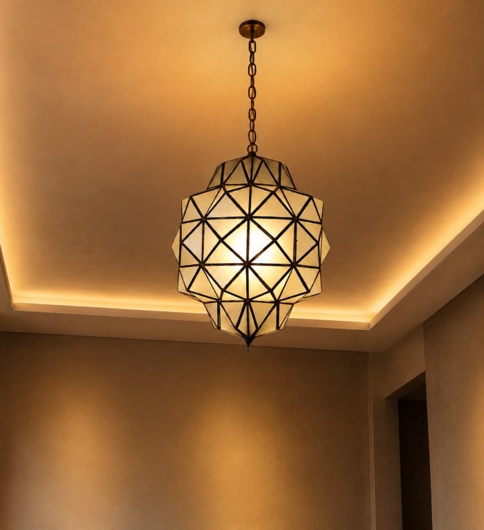 Geometric Glass Pendant Light with faceted glass panels and handcrafted metal frame