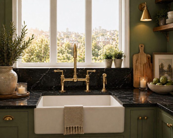 Unlacquered brass bridge faucet with cold water tap and side sprayer in farmhouse kitchen