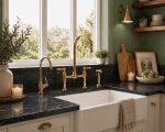 Unlacquered brass bridge faucet with cold water tap and side sprayer in farmhouse kitchen