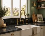 Unlacquered brass bridge faucet with cold water tap and side sprayer in farmhouse kitchen