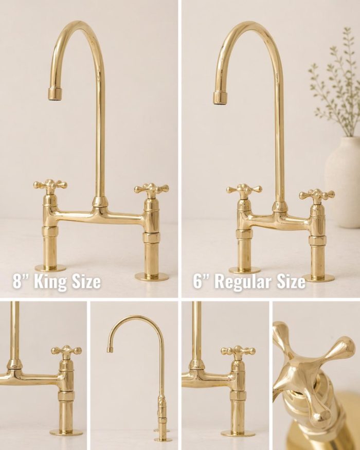 Antique brass bridge faucet with high arc gooseneck spout, cross handles and side sprayer